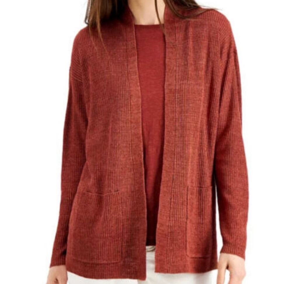 Eileen Fisher Organic Linen Cardigan Deep Terracotta Sz 1X Women’s Knit Basic